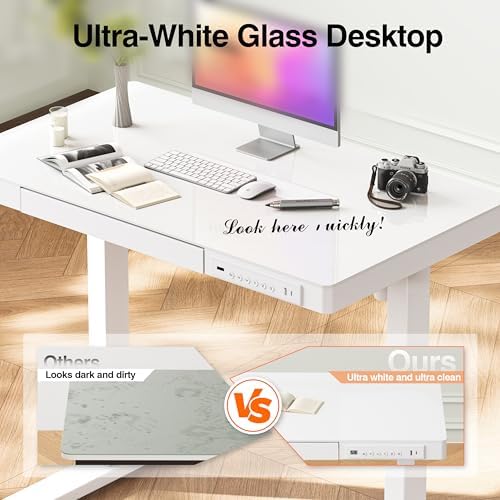 Monomi 35x20" Glass Electric Standing Desk with Drawer and Wheels, White