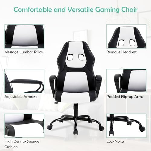 White Massage Gaming Chair for Kids, Ergonomic Office Chair Computer Chair with Adjustable High Back & Armrest, PU Leather Gamer Chair with 360°Swivel, Heavy Duty Gaming Chairs for Adults, Teens