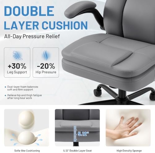 Ergonomic PU Leather Office Chair with Double-Layer Seat Cushion, Adjustable Armrest and Headrest, Reclining Backrest 360° Swivel Rolling Computer Desk Chair for Home Office Gaming Space, Gray