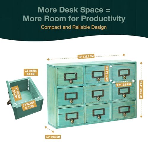 Teal Wooden Drawer Organizer for Desktop - Vintage Apothecary Cabinet w/ 9 Drawers - Wood Desk Organizer - Home Office Desk Organizers and Accessories - Tabletop Chest of Drawers for Bedroom