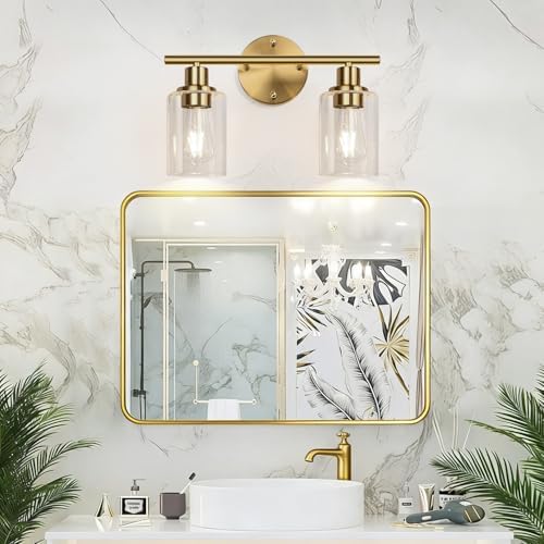 Zarbitta 2-Light Bathroom Light Fixtures, Brushed Gold Vanity Light, Modern Vanity Lights with Clear Glass Shade, Bathroom Wall Lamp for Mirror Kitchen Living Room Hallway Cabinet Porch