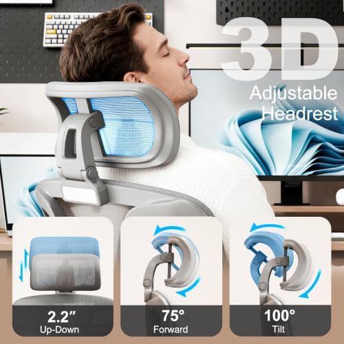 Vonesse Ergonomic Office Chair,Desk Chair with Adjustable 3D Headrest and Armrests, Gaming Chair with Dynamic Lumbar Support & Adjustable Depth Breathable Mesh Seat (Grey)