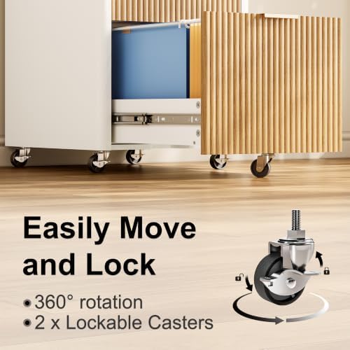 2 Drawers Fluted Mobile File Cabinet with Lock, Rolling File Cabinet Printer Stand Table, Under Desk Wooden Filing Cabinets for Home Office Essentials Storage Organization Furniture Letter/Legal/A4