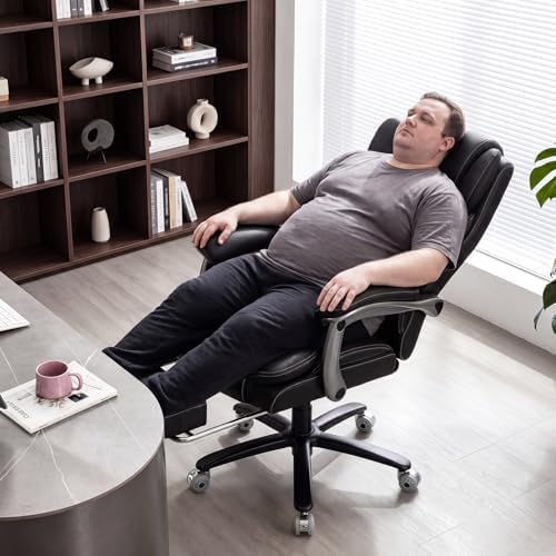 600lbs Big and Tall Office Chair for Heavy People,Heavy Duty Comfy Executive Office Desk Chair with Adjustable Lumbar Support,High Back Reclining PU Leather Computer Chair,Metal Base (Reclining Black)