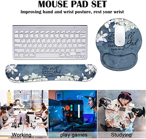Keyboard Wrist Rest and Mouse Pad Wrist Support Set with Coasters, Christian Bible Verse Psalm 46:10 Wrist Mouse Pad with Non-Slip PU Base for Home Office Working Studying Easy Typing & Pain Relief