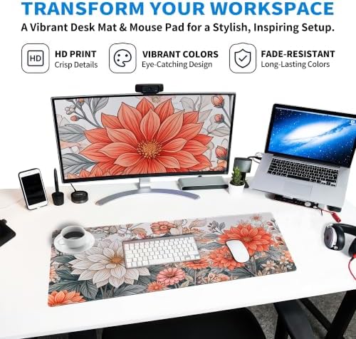 Extended Minimalist Flowers Desk Mat, XL Large Gaming Mouse Pad, Aesthetic Florals Stitched Edges Waterproof with Non-Slip Rubber Base for Computer Keyboard Laptop Work Home Office 31.5"x11.8"