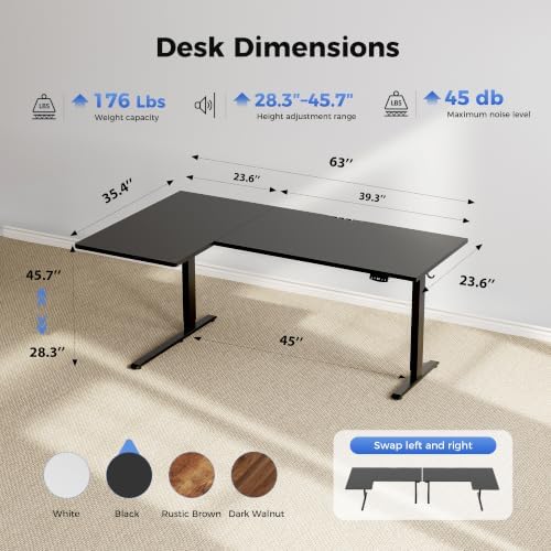 Agilestic 63 * 35 Inch Reversible L Shaped Electric Standing Desk, Black