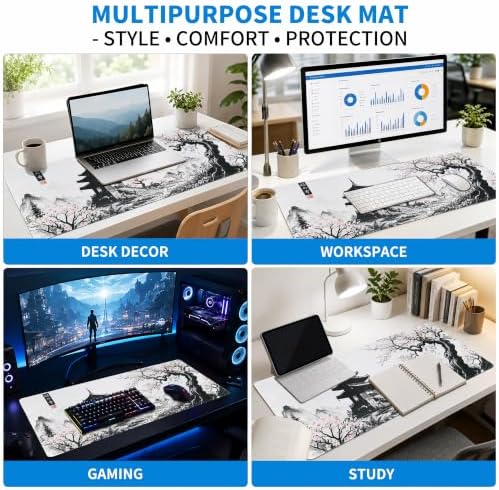Extended Japanese Sakura Zen Desk Mat, XL Large Gaming Mouse Pad, Cherry Blossom Temple Stitched Edges Waterproof Non-Slip Rubber Base for Computer Keyboard Laptop Work Home Office 31.5"x11.8"