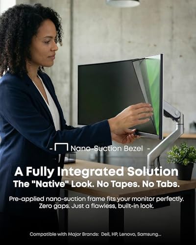 [23 inch] Computer Privacy Screen Filter (2 Pack) – Pre-Installed Nano-Suction Bezel (No Messy Tapes) – Anti-Blue Light & Anti-Glare Film – Seamless "Native" Fit for Ultra-Wide & Curved Monitors – Secure 4-Sided Grip for Tilted Screens – Washable & Reu...