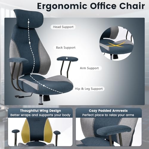 GIANTEX Ergonomic Office Chair, Mid Century Modern Fabric Computer Desk Chair with 2D Headrest, Rocking Backrest & Wheels, Vintage High Back Rolling Chair for Executive, Gray