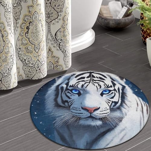 Fashion Round Area Rug Large Non Slip Carpet Unisex Home Decor Mat White Tiger Moon Starry Sky