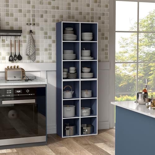 Homes: Inside + Out Apexa 6-Cube Storage Organizer Shelves, Stackable Wood Bookcase Fits Cubby Bins for Organization, Dorm Teen Room Decor & Home Office, Steel Blue