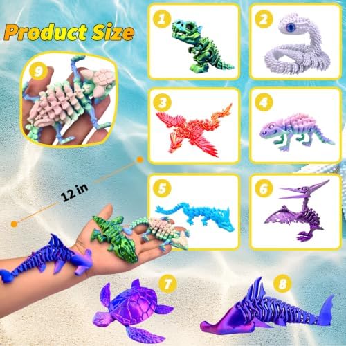 8pcs 3D Printed Dinosaur, Snake Turtle Pterosaur T-Rex Fidget Toys,Crystal Dragon Flying Dragon，Desk Executive Toy，Easter,Toys for Boys Kids Teen 5-7 4-6 8-12