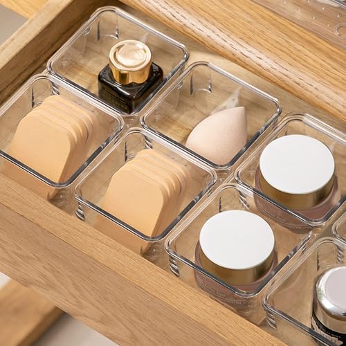 16 PCS Stackable Clear Drawer Organizers 3" x 3" x 2" Square Trays Small Makeup Vanity Storage Bins Clear Desk Drawer Organization Container Dividers for Office Bathroom Kitchen Utensil