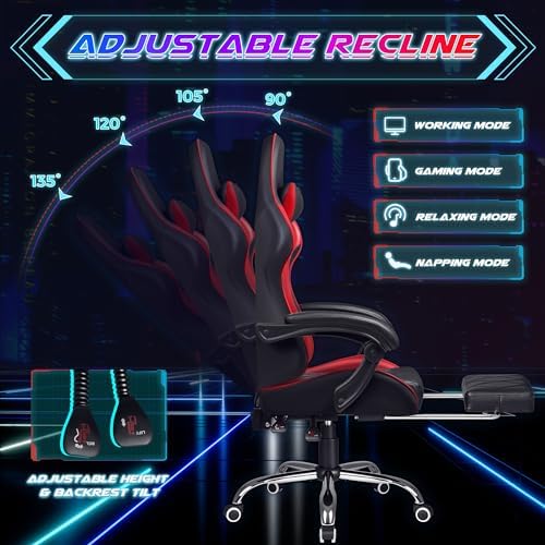 Shahoo Gaming Chair with Footrest and Massage Lumbar Support, Computer Game Chairs Ergonomic Office Seat Height Adjustable with Headrest, Red