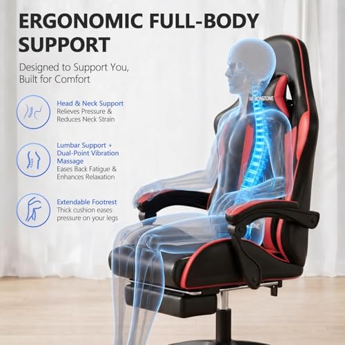 Mr IRONSTONE Red Gaming Chair with Footrest, Ergonomic High Back Gamer Chair with Massage Lumbar Support, Reclining Video Game Chair with Adjustable Headrest, Swivel Computer Desk Chair