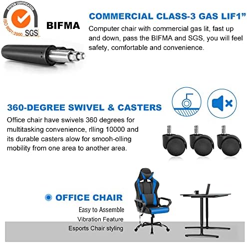 PC Gaming Chair Office Chair Racing Desk Chair with Lumbar Support Arms Headrest Massage High Back PU Leather Ergonomic Computer Chair Rolling Adjustable Swivel Chair for Women Men Adult, Blue