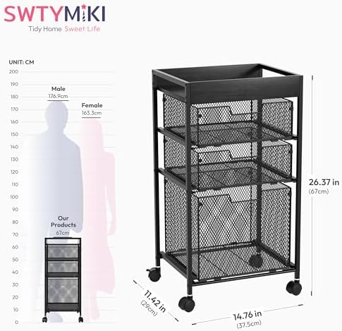 SWTYMIKI Rolling File Cart with Drawers - 4 Tier Under Desk Storage Craft Rolling Organizer Cart - Office Storage &Organization, Mobile Metal Filing Cabinet for Office and Home Black