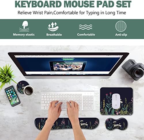 AIMSA Keyboard Wrist Rest Support + Mouse Pad + Mouse Wrist Rest + Coaster, Ergonomic Memory Foam Anti-Slip Rubber Base 4 PCS Set Easy Typing Pain Relief, Flowers Plants