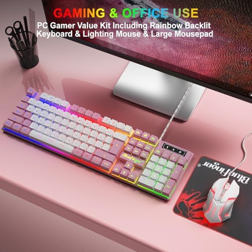 BlueFinger RGB Gaming Keyboard and Backlit Mouse Combo, USB Wired, LED Gaming Set for Laptop PC Computer Game and Work (Pink & White)