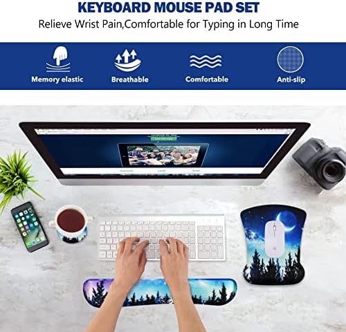 AIMSA Ergonomic Keyboard Wrist Rest and Mouse Pad with Wrist Support Set, Memory Foam Non-Slip Rubber Base, for Gaming, Working, Home, Office, Easy Typing, Pain Relief, Forest Moon Sky