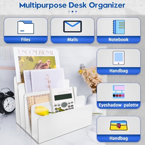 4 Section White Acrylic Desk Organizer and Accessories, Sturdy & Thick Acrylic File Folder Holder Sorter, Office Supplies for Mail, Letters, Paper, Electronics