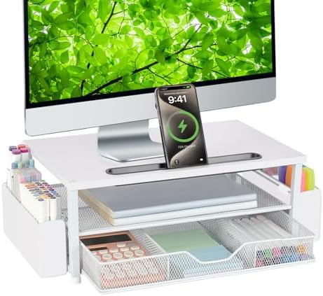 AUPSEN White Monitor Stand Riser, 2-Tier Wood Computer Desk Organizer with Drawer, Pen Storage & Phone Holder, Office Desk Accessories Desktop Organizer for Office Supplies (White)