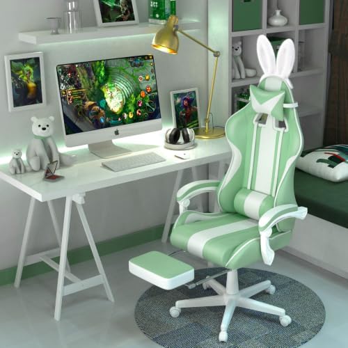 Ferghana Kawaii Grass Green Gaming Chair with Bunny Ears, Ergonomic Cute Gamer Chair with Footrest and Massage, Racing Reclining Leather Computer Game Chair 250lbs for Girls Adults Teens Kids