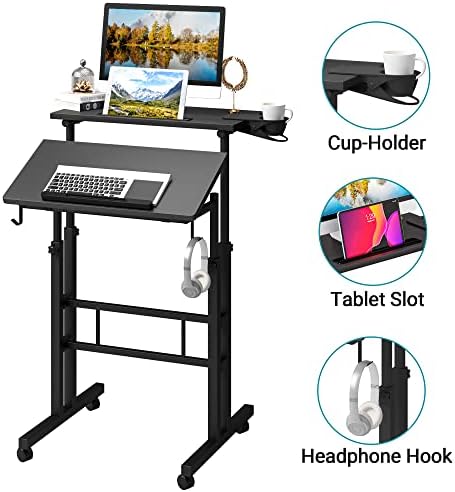 Klvied Adjustable Height Standing Desk with Cup Holder, Portable and Easy to Move, Ideal for Home or Office, Black