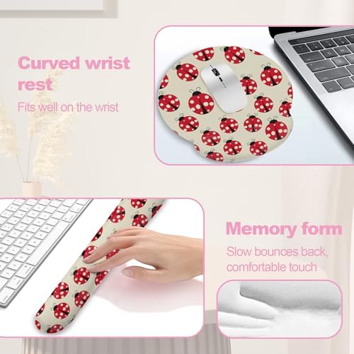 Cute Ladybug Mouse Pad with Wrist Rest Set, 3-in-1 Wrist Support Mousepad Set, Gaming Mat Pad with Anti-Skid Base,Ergonomic Memory Foam Mouse Pad Set for Women, Office, Typing, Gaming