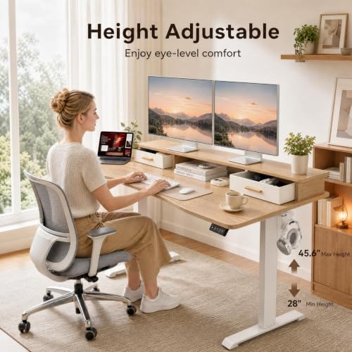 Grandder Electric Standing Desk with Two Drawers, CurvedSit to Stand Up Height Adjustable Desk with Storage Shelf for Home Office, 63 * 32 Inch, Study, Ergonomic Adjustable Computer Desk, Oak