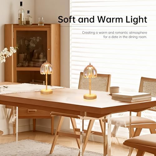 Shenmoyl Tulip Table Lamp with 5200mAh Battery & Touch Control, Small Cordless Table Lamp with 3 Colors, Rechargeable Battery Operated Table Lamps for Bedroom, Desk, Bedside (Amber-Beech Color)