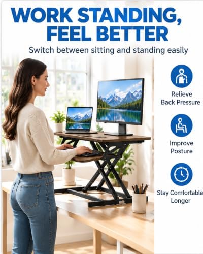 Standing Desk Converter, Adjustable Dual Monitor Riser, Walnut