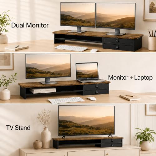 Dual Monitor Stand, 42.5 Inch Wood Monitor Riser with Drawers, 2 Tier Desktop Organizer for Computer Laptop TV, Large Screen Stand for Home Office Desk