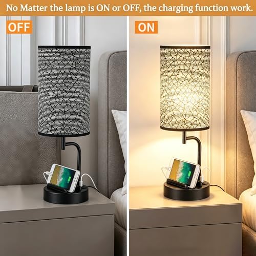 Dreamholder Touch Control USB Table Lamp with USB C/A & AC Outlet, 3-Way Dimmable Bedside Lamp, Modern Nightstand Lamps for Bedroom Living Room Guest Room Office, Bulb Included, Miracle Black