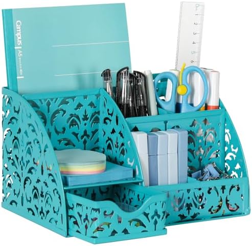 EasyPAG Desk Organizer and Pen Holder for Desk, Mesh Office Supplies Storage Caddy with Drawer for Small Space, Desktop Organizer for Home Office, Dark Teal