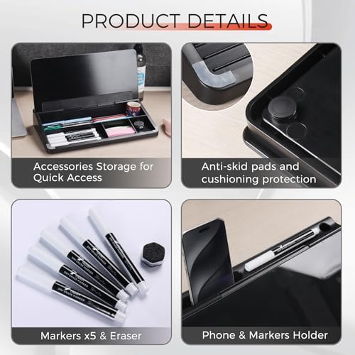 TOWON Compact Glass Desktop Whiteboard with Storage 12x7 in, Black