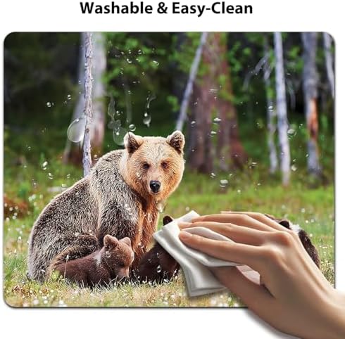 9.5x7.9 Inch Office/Gaming Mouse Pad, Adorable Brown Bear Cubs in Forest Wildlife Family in Wildflower Meadow, Cute Anti-Slip Mat for Desk Decor