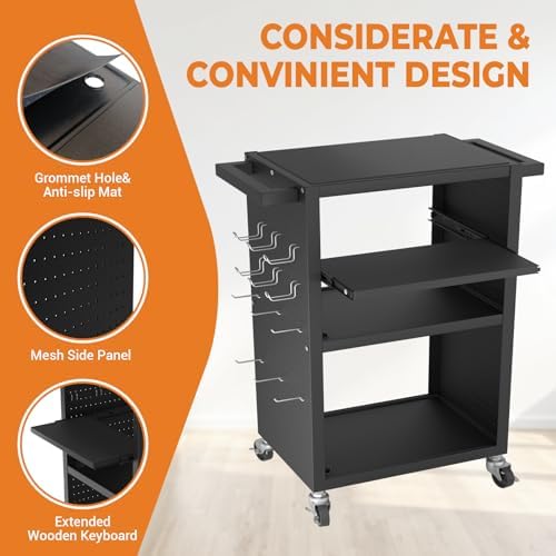 Mobile AV Cart with Pullout Keyboard Tray, Rolling Computer Cart Height Adjustable Rolling Media Utility Cart with 4 Wheels