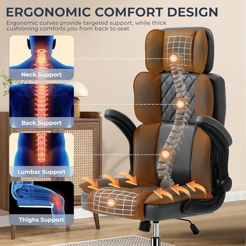 Office Chair with Adjustable Headrest - Executive Leather Desk Chair for Home Office, with Flip-Up Arms & Ergonomic Lumbar Support, Perfect for Work and Study, Gray