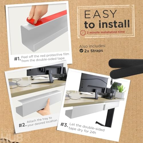 Scanfield Under Desk Cable Management Tray, No-Screw, 17-Inch, 2-Pack White