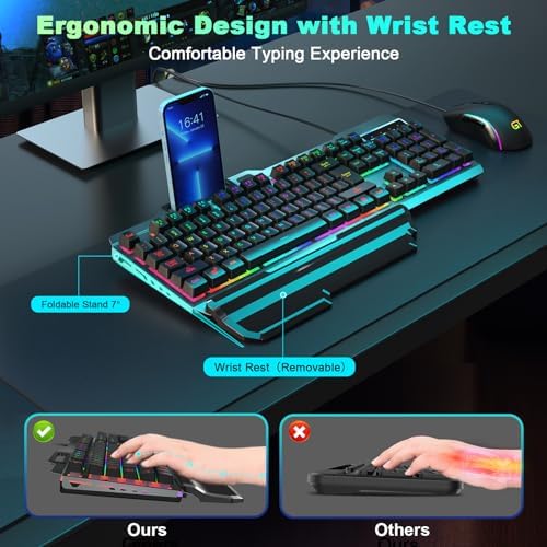 cimetech Wired Gaming Keyboard, Rainbow LED Backlit Anti-ghosting Computer Keyboard with Wrist Rest, Spill-Resistant Design, Multimedia Keys, Quiet Ergonomic Keyboard for Windows Laptop PC Mac