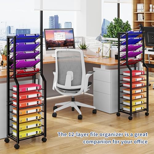 Simple Trending 12 Tier Rolling File Cart, Desk File Organizer with Sliding Trays and Metal Mesh Paper Letter Storage Multi Functional Rolling Clutter Cart for Office, Home, School, Black