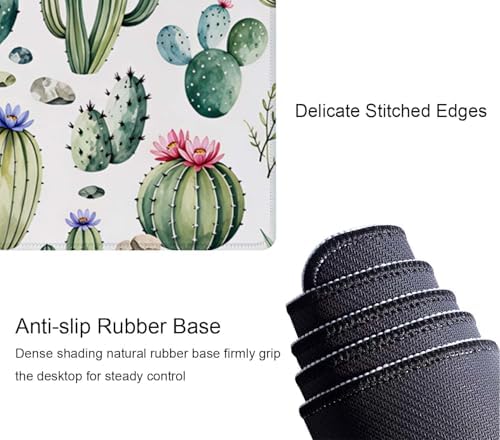 Large Gaming Mouse Pad with Stitched Edges, Desk Pad Extended Keyboard Mat, Non-Slip Rubber Base Mousepads for Laptop, Office, Home, 31.5X11.8 inch Watercolor Cactus and Flowers