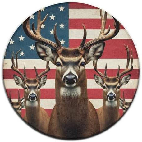 Large Machine Washable Circular Rugs, Home Decor Round Mat for Living Room Sofa Office American Flag Hunting Deers