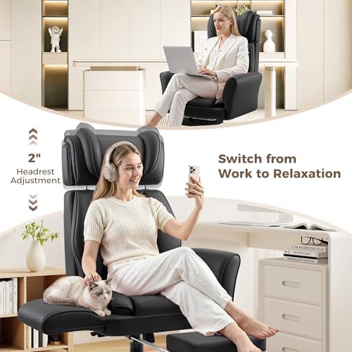 Big and Tall Office Chair, Flip Armrests for Pets & Cross Legged Sitting, Ergonomic Leather Executive Desk Chair with Foot Rest, High-Back Reclining Computer Chairs for Home Office Gaming, Black