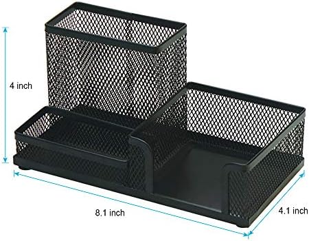 2-Piece Desk Pen & Pencil Organizer - Mesh Metal Pen Cup with Sticky Notes Holder, Black