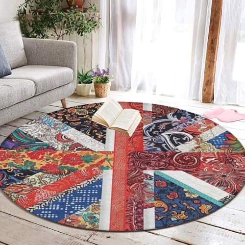 Machine Washable Modern Round Area Rug, Room Sofa Yoga Soft Round Carpet, Home Decor Non Slip Kitchen Office Circle Rug Union Jack Flag UK Mandala Art, 60inch