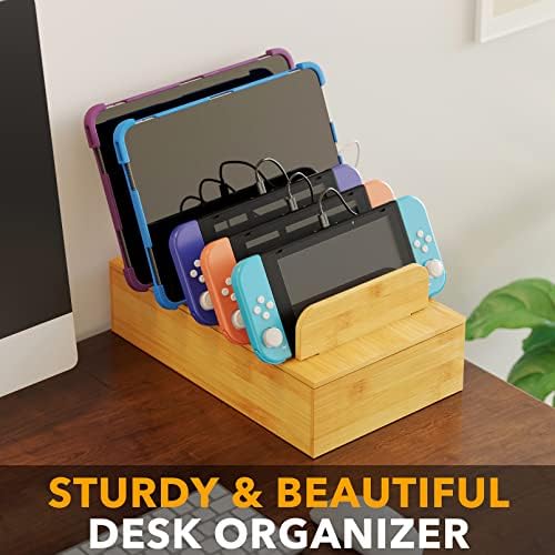 SpaceAid Bamboo Charging Station for Multiple Devices, Cell Phone Docking Stations for Multi Laptop, Tablets and iPads, Nightstand Bedside Desk Device Charger Organizer (Natural)
