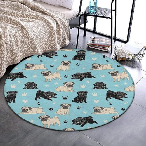 Machine Washable Modern Round Area Rug, Room Sofa Yoga Soft Round Carpet, Home Decor Non Slip Kitchen Office Circle Rug Pug Life